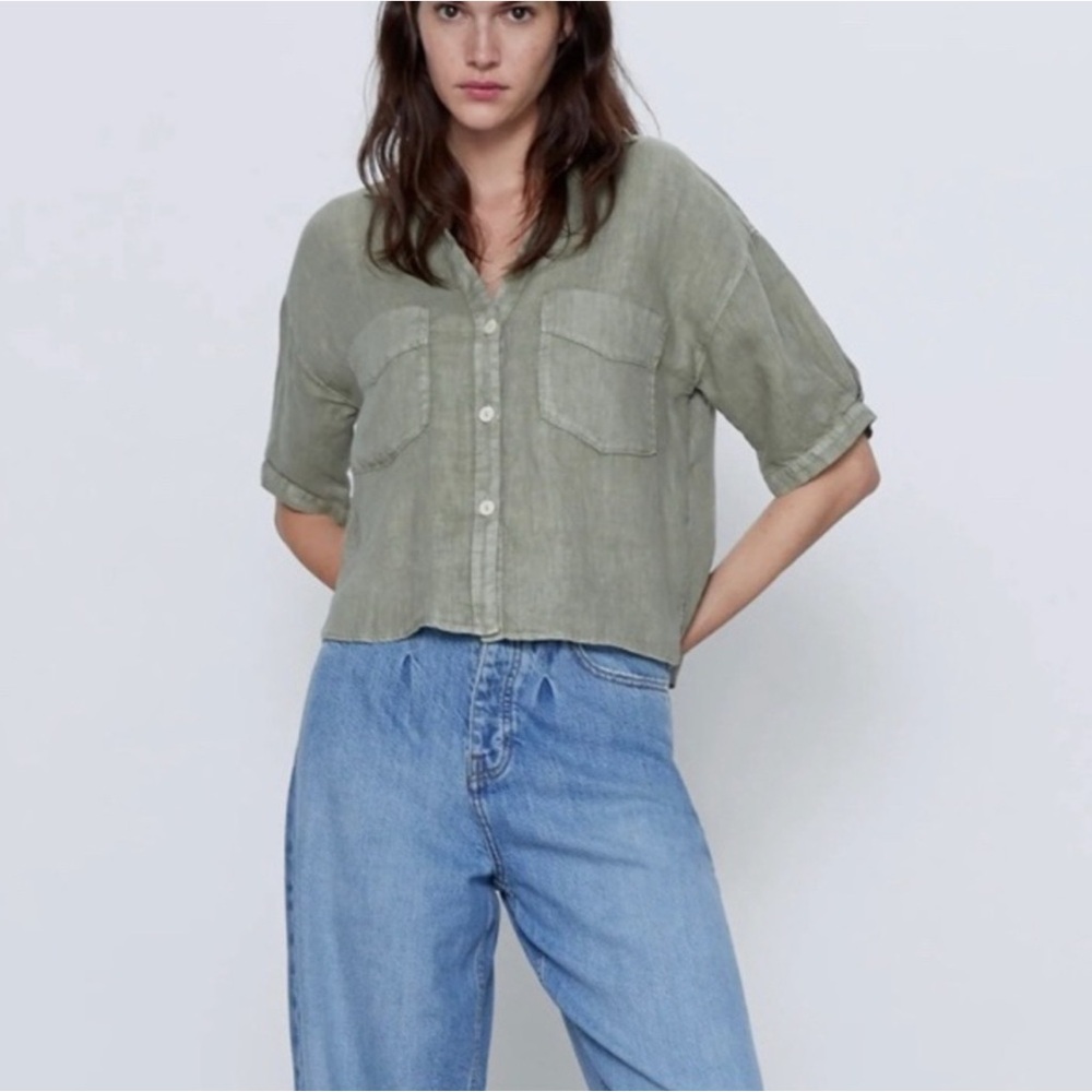 Zara Green Cropped Button Down Linen Shirt